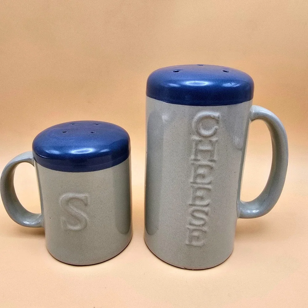 Vintage Ceramic Salt & Cheese Shakers Blue Lids Mug Style w/ Handles 
